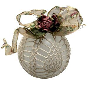 Handmade Christmas bulb lace ornament doily frosted white pink ribbon 5" READ